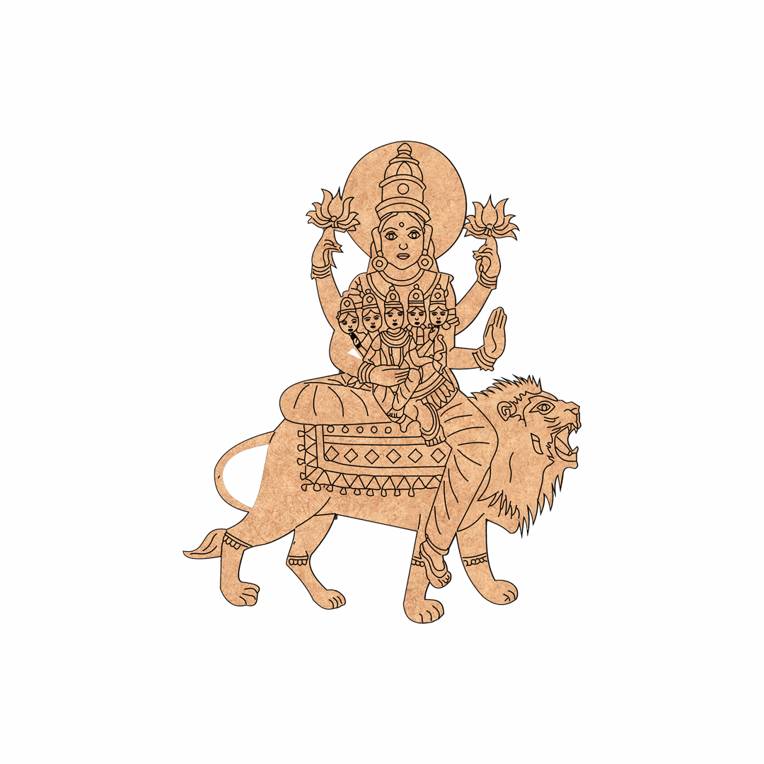 Decorative  MDF DIY design of a deity riding a lion on a white background