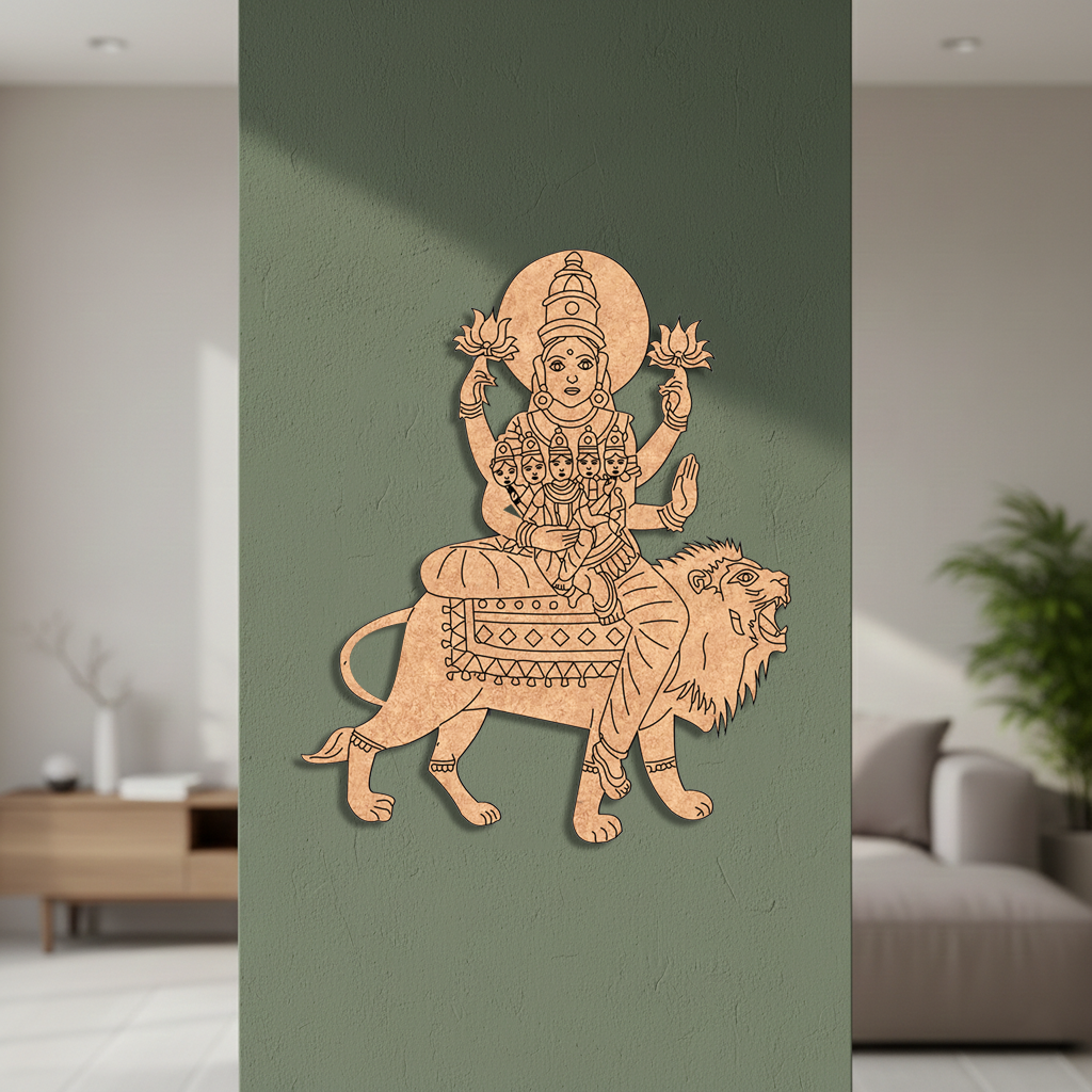 Decorative  MDF DIY wall art of a deity on a lion in a living room setting