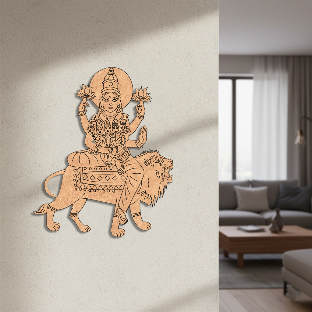 Decorative  MDF DIY  wall art of a deity on a lion in a living room setting