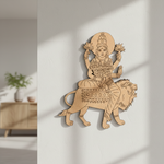  MDF DIY  wall decoration of a deity on a lion against a white wall.