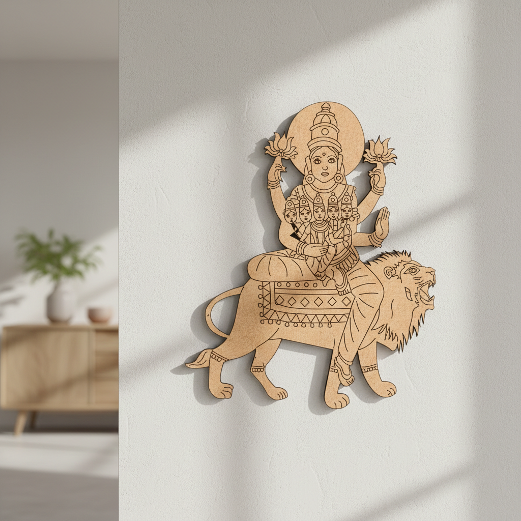  MDF DIY  wall decoration of a deity on a lion against a white wall.