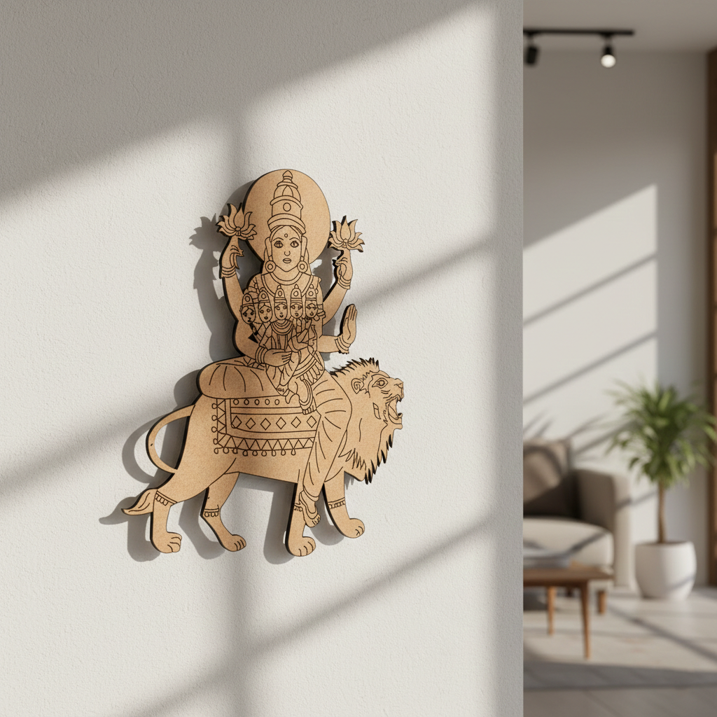  MDF DIY  wall art of a deity on a lion against a light wall.