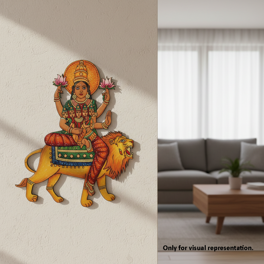 Decorative  MDF DIY wall art of a deity on a lion in a living room setting.