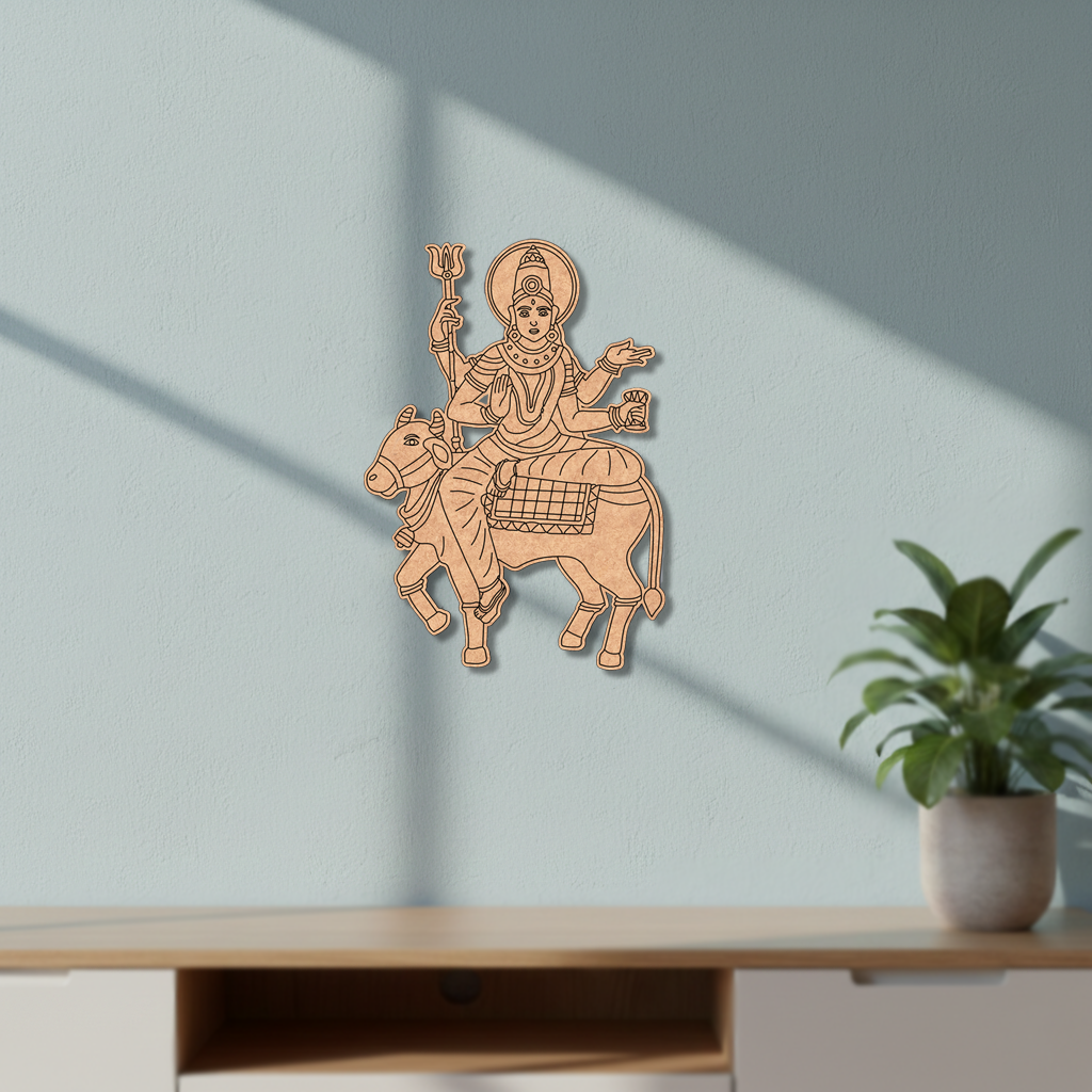  MDF DIY wall art of a deity on a bull against a light blue wall with a plant in the corner.