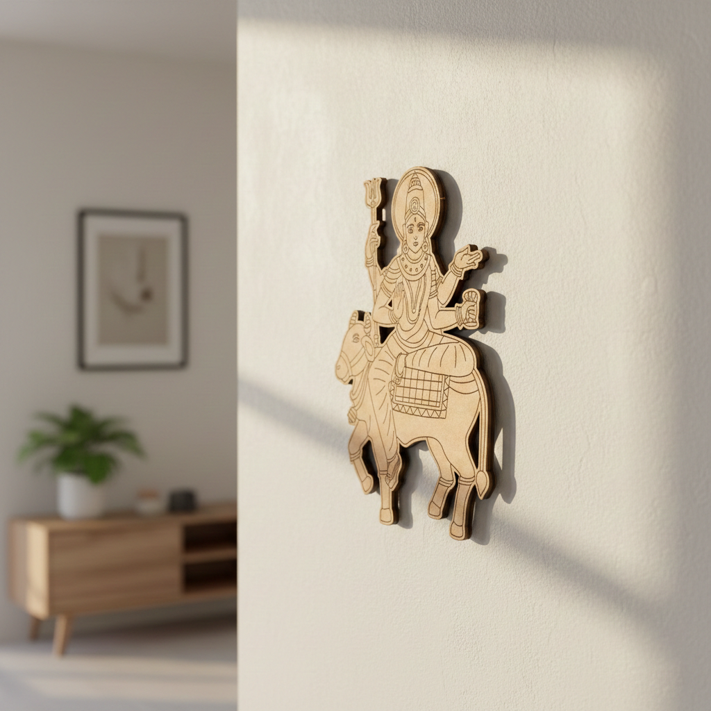 MDF DIY  wall art of a deity on a cow in a room with a plant and cabinet.