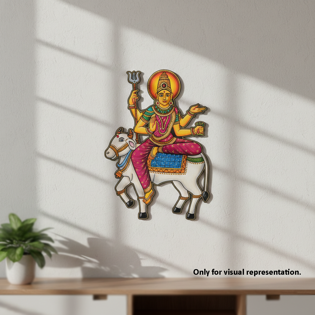 Decorative  MDF DIY  wall art of a deity on a white wall with a plant and table in the foreground.