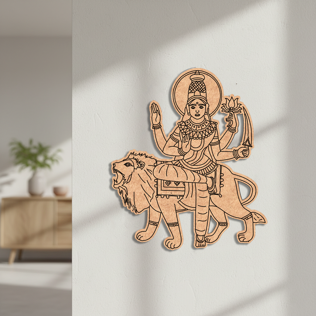  MDF DIY  wall decoration of a deity on a lion in a room setting