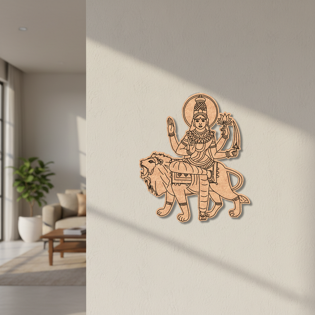 Decorative  MDF DIY wall art of a lion and a seated figure on a beige wall.