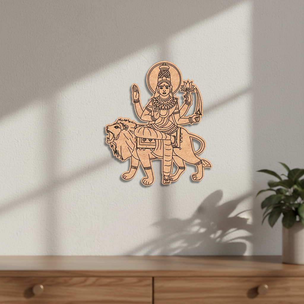  MDF DIY  wall art of a deity on a lion against a white wall with a plant in the corner.
