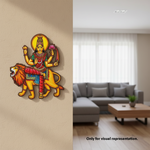 Decorative  MDF DIY wall piece of a lion and a person on a beige wall with a living room in the background.