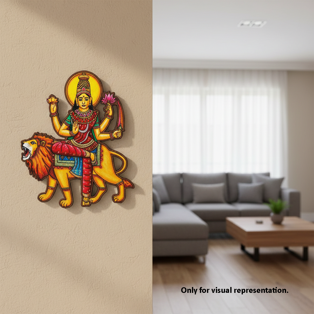 Decorative  MDF DIY wall piece of a lion and a person on a beige wall with a living room in the background.