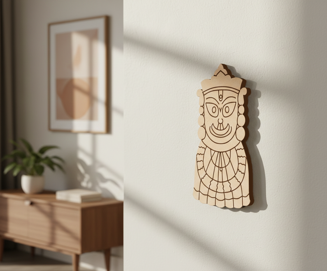  MDF DIY  wall art of a face on a white wall with a sideboard and plant in the background