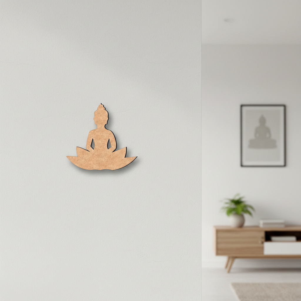  MDF DIY  Buddha wall decoration on a plain wall with a blurred side table and plant in the background.