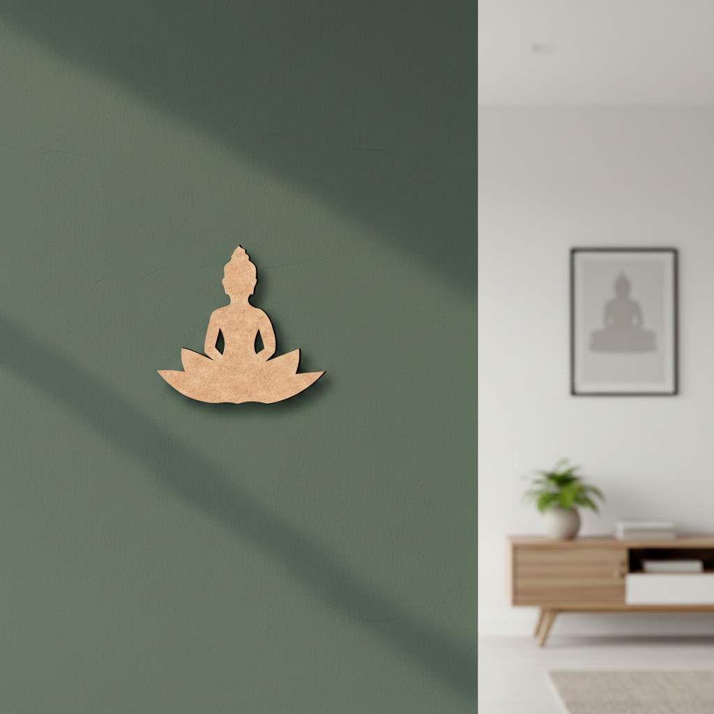  MDF DIY  Buddha wall decoration on a green wall with a framed picture of a Buddha in a room.
