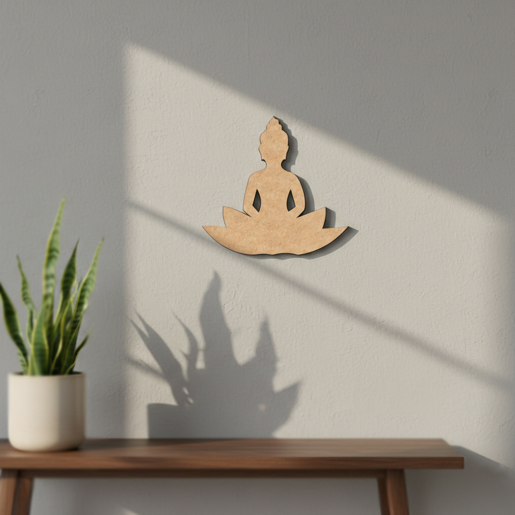 MDF DIY  Buddha figure on a wall with a plant and table in the foreground