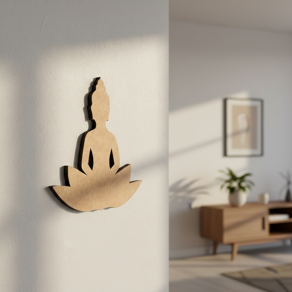  MDF DIY  wall sculpture of a meditating figure on a white wall with a blurred room background