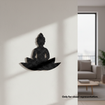 Black Buddha  MDF DIY wall sculpture on a white wall with a living room in the background