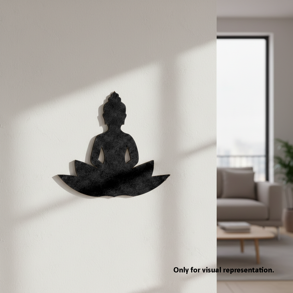 Black Buddha  MDF DIY wall sculpture on a white wall with a living room in the background