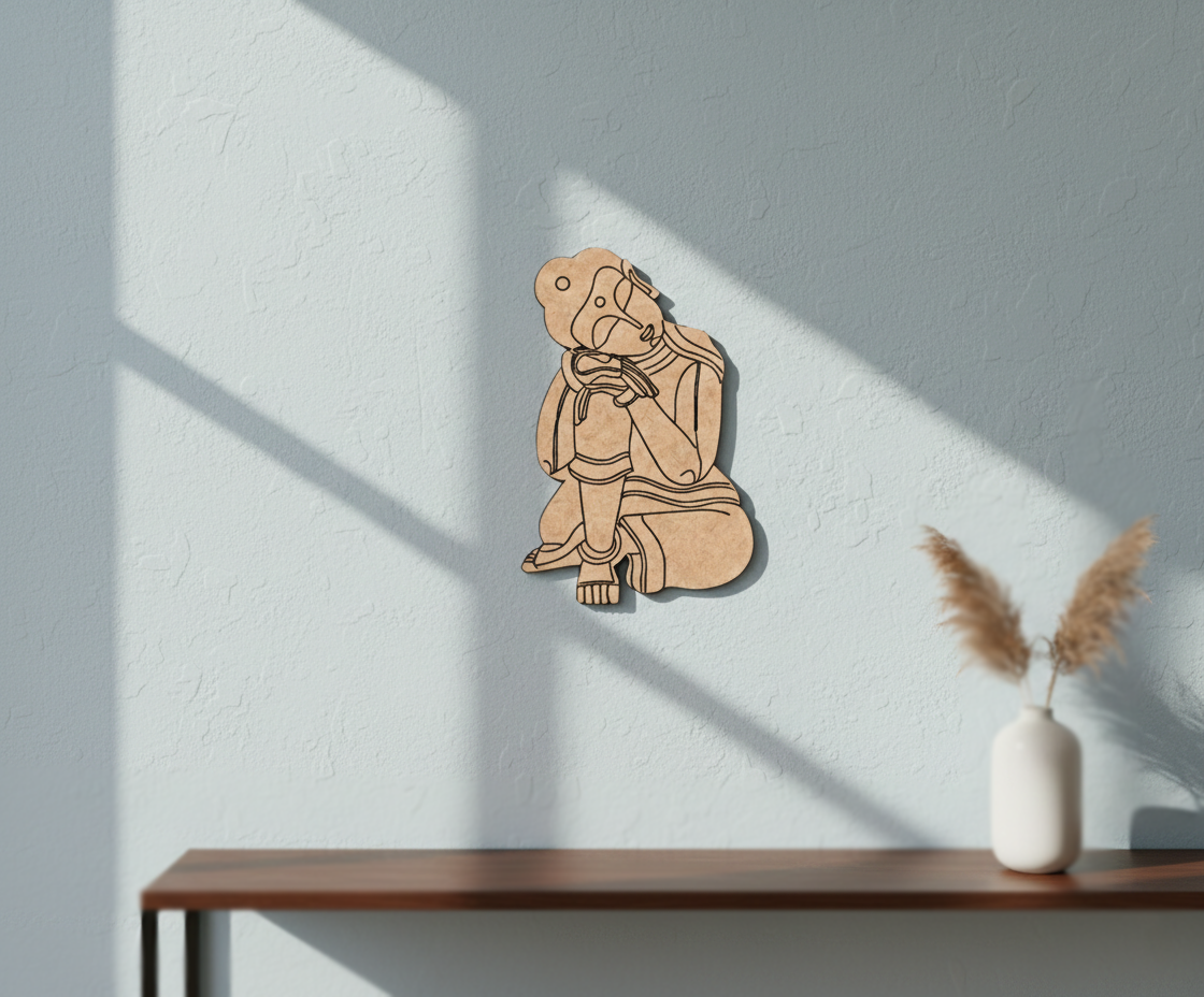 MDF DIY wall art  of a figure on a wall with a vase and dried plants on a table below.