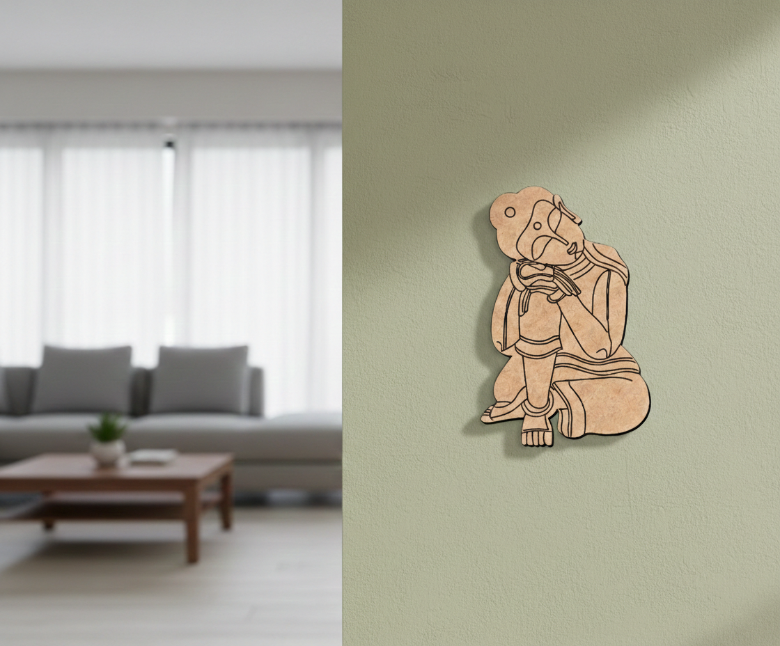  MDF DIY  wall art of a seated figure on a light green wall with a blurred living room in the background.