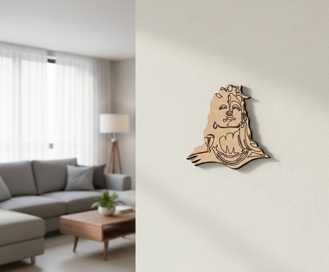 MDF DIY wall art of a face on a white wall in a living room.