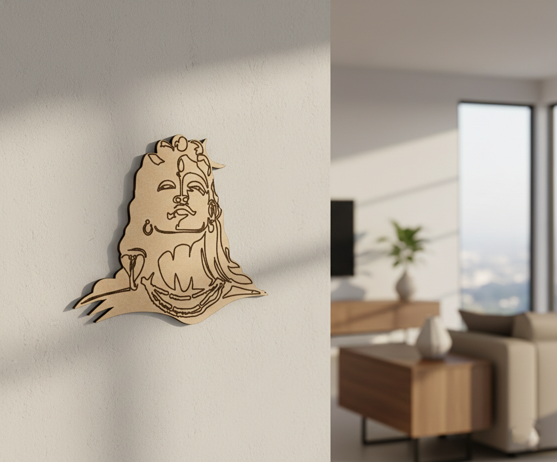  MDF DIY  wall art of a face on a plain wall with a living room in the background