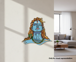 Decorative  MDF DIY wall art of a blue-skinned figure with orange hair in a modern living room.