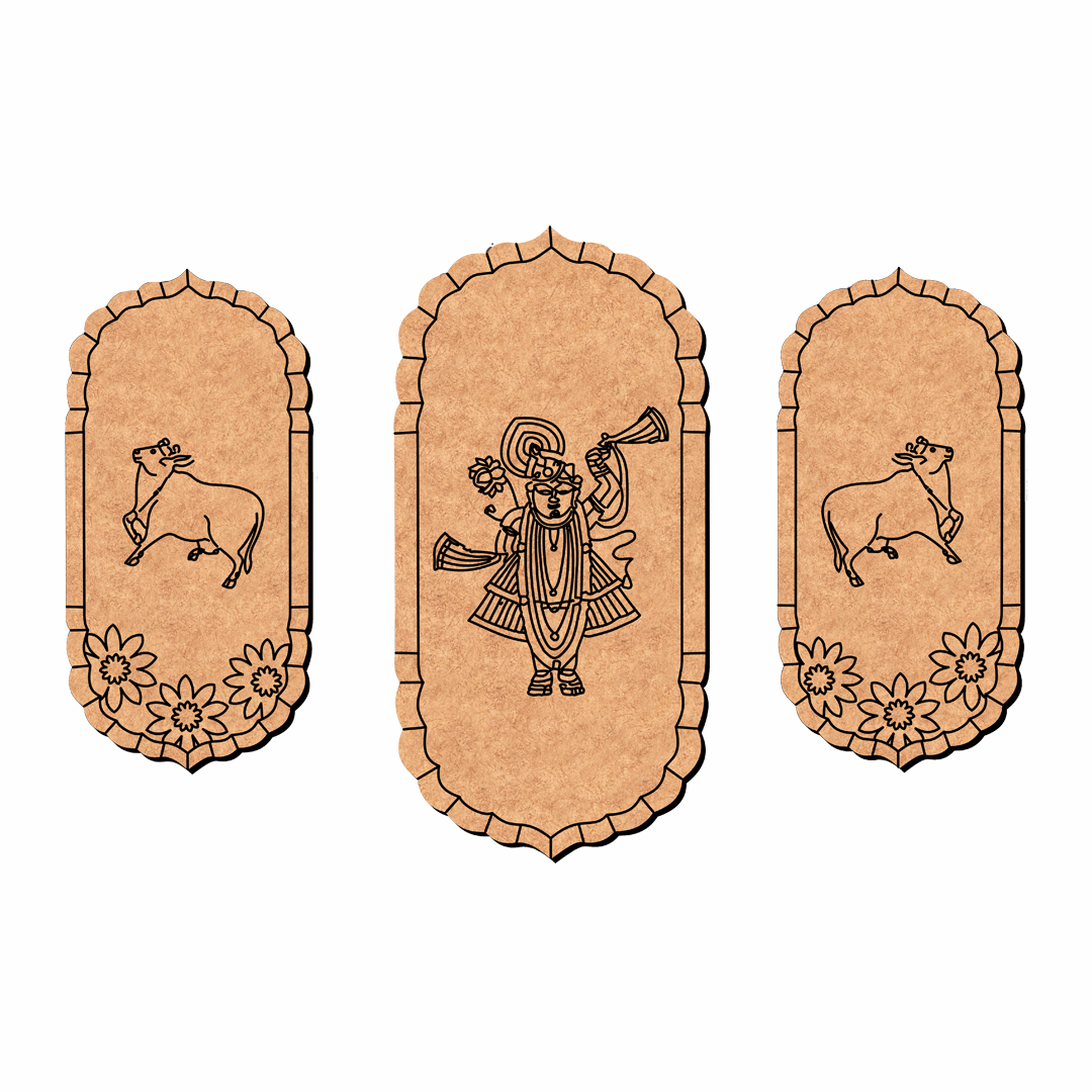 Three decorative panels with illustrations of a deity and two cows on a beige background.