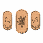 Three decorative panels with illustrations of a deity and two cows on a beige background.