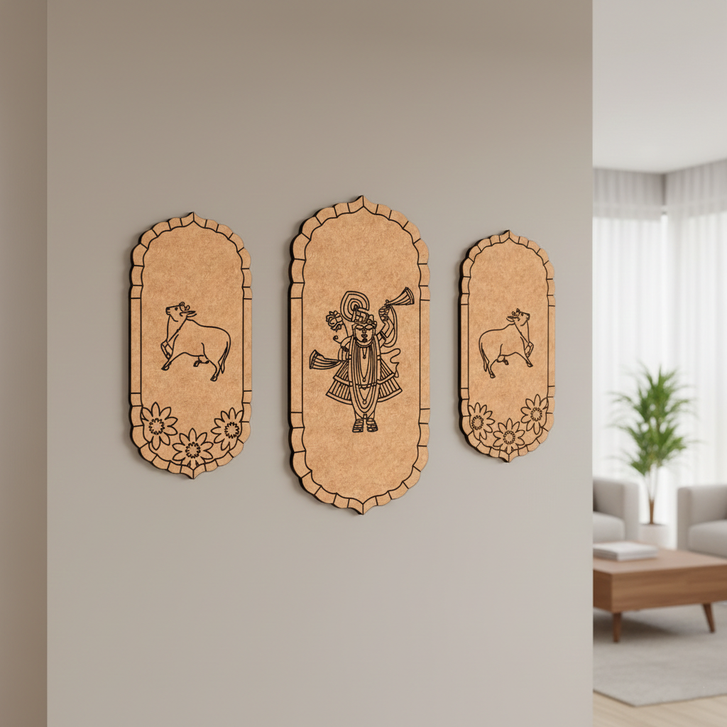 Three decorative  MDF DIY wall art pieces on a gray wall with a living room in the background.