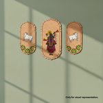 Three decorative panels with artistic illustrations on a light green background