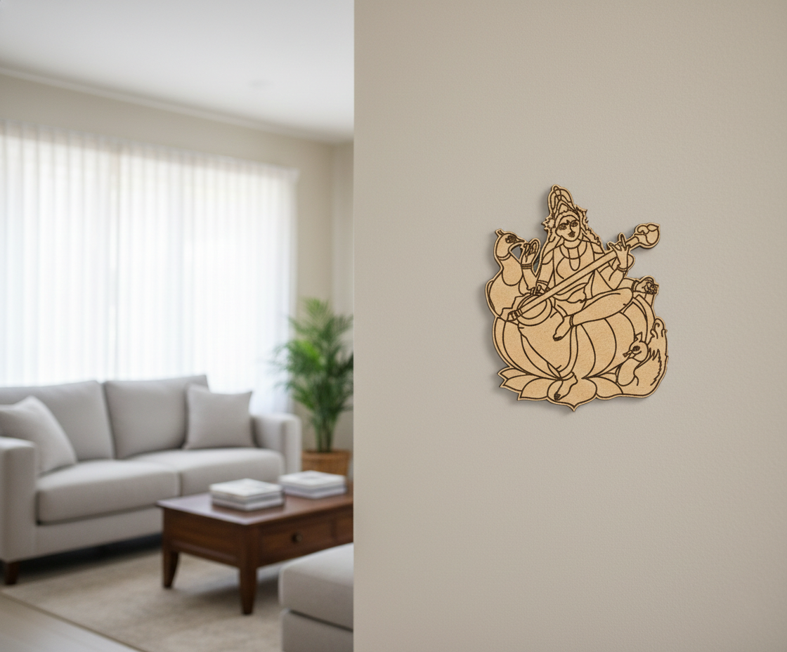 Decorative  MDF DIY wall art of a seated figure on a beige wall in a living room.