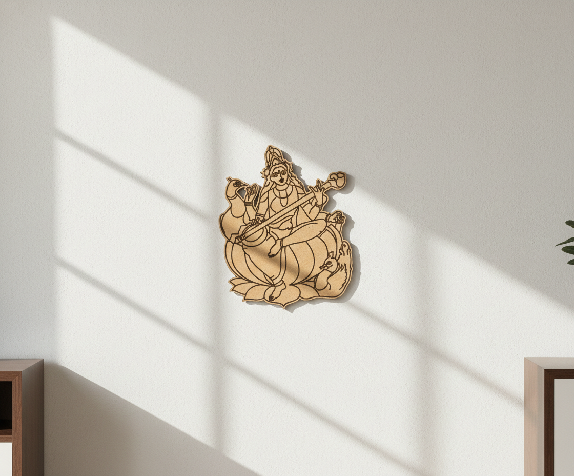  MDF DIY wall decoration of a deity figure on a white wall with sunlight casting shadows.