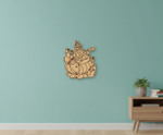  MDF DIY  wall decoration of a musical instrument player on a light green wall with a wooden cabinet and plant in the background.
