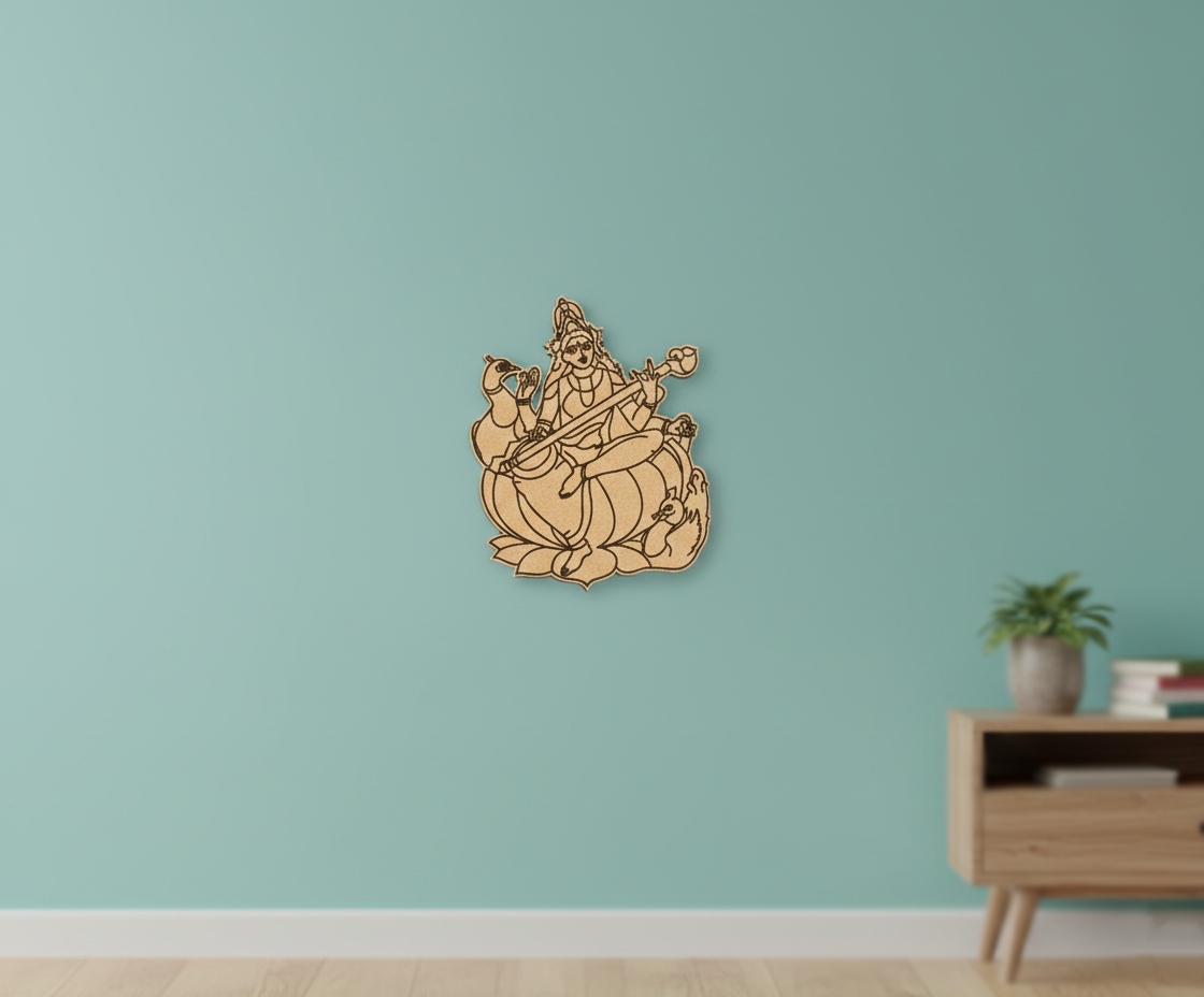 MDF DIY  wall decoration of a musical instrument player on a light green wall with a wooden cabinet and plant in the background.