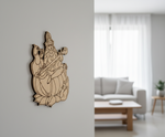 Decorative  MDF DIY wall art of a musical instrument player on a gray wall in a living room.
