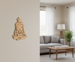  MDF DIY  Buddha wall decor in a living room setting with a sofa and coffee table.