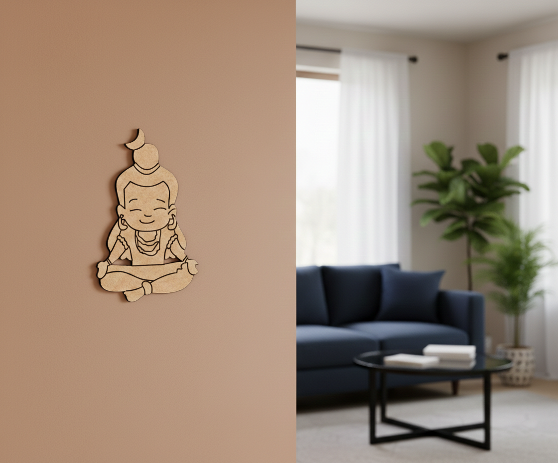  MDF DIY  Buddha wall decoration on a beige wall with a living room in the background.