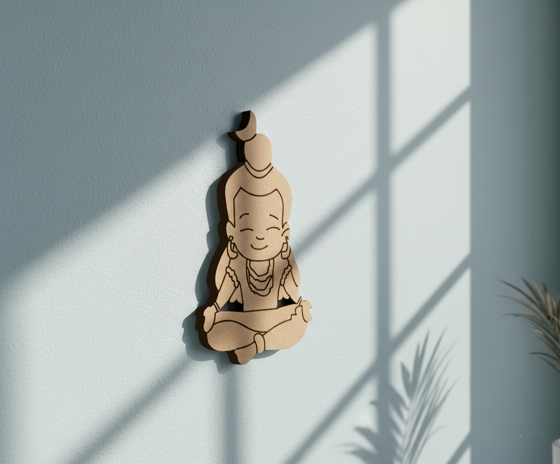  MDF DIY  Buddha figure on a light blue wall with sunlight casting shadows