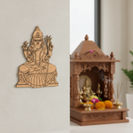  MDF DIY deity figure on a plain wall next to a wooden temple with decorative items.