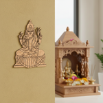  MDF DIY  deity figure on a beige wall next to a wooden altar with floral offerings.