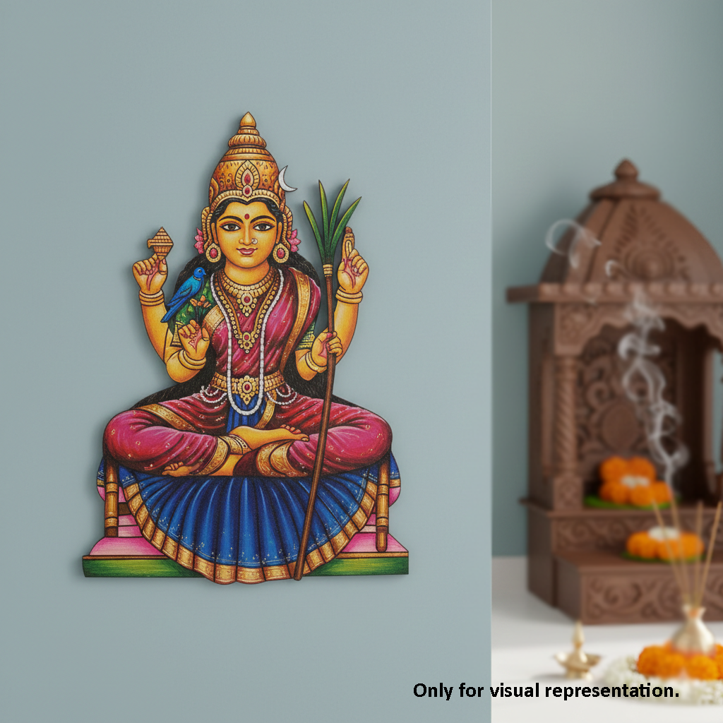 Colorful  MDF DIY wall decor of a seated figure with a small shrine in the background.