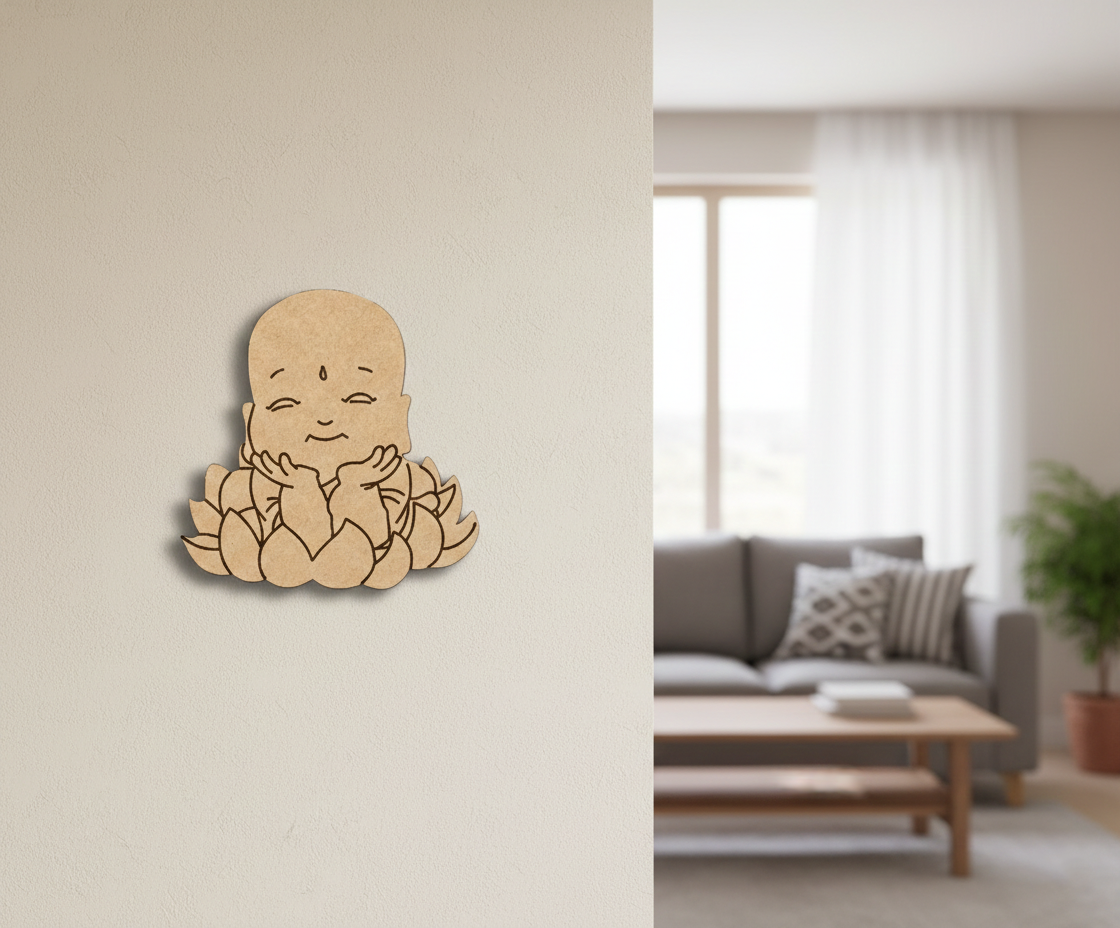  MDF DIY  wall decoration of a smiling Buddha figure on a plain wall, with a living room scene in the background.