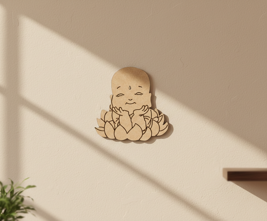  MDF DIY wall art sculpture of a baby on a beige wall with soft shadows