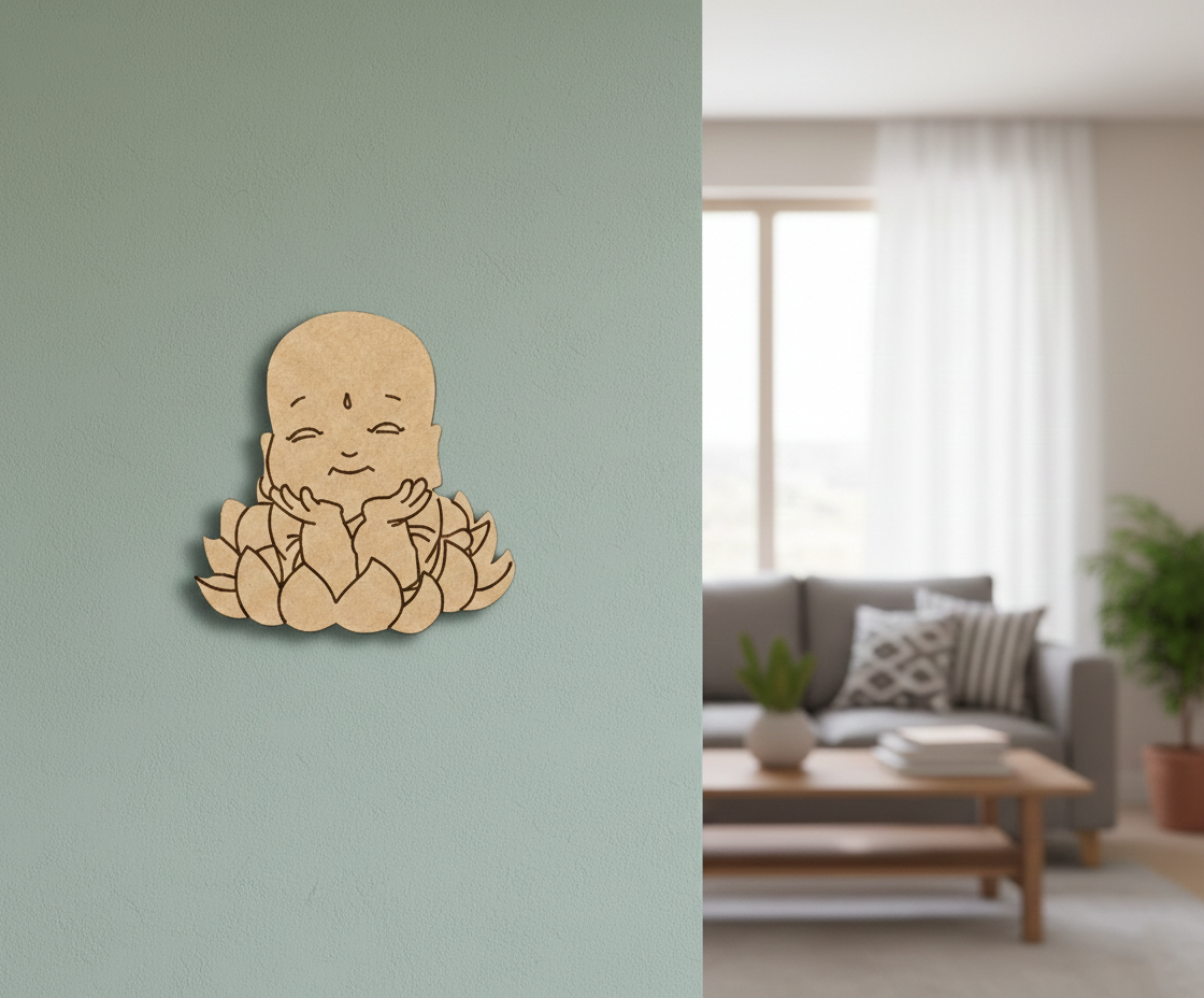 MDF DIY wall decoration of a smiling Buddha figure on a light green wall, with a blurred living room in the background.