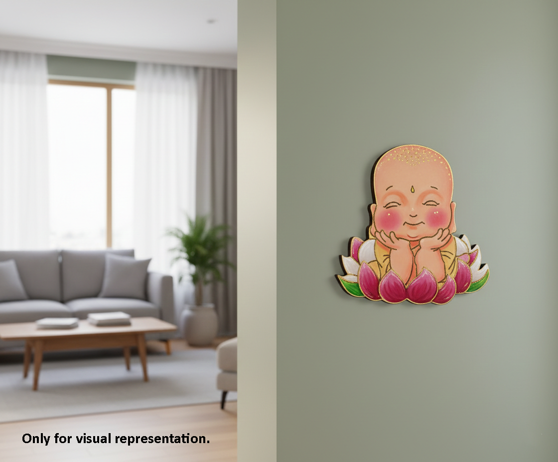 Decorative  MDF DIY wall art of a smiling Buddha figure on a lotus flower in a living room setting.