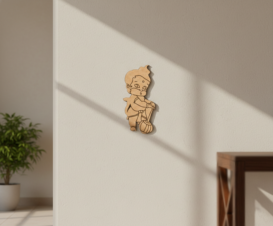  MDF DIY  wall decoration of a child on a tricycle on a white wall with a plant and table in the background.
