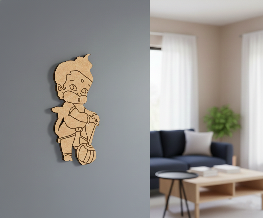  MDF DIY  wall decoration of a child on a scooter on a gray wall, with a blurred living room in the background.
