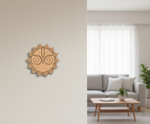 Decorative  MDF DIY wall art on a neutral wall with a living room in the background