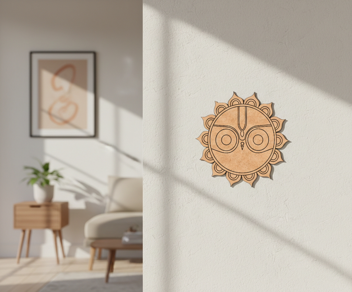  MDF DIY  wall decor with sun design on a white wall in a room with furniture.